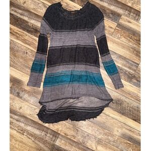 Free People Striped Knit Sweater‎ Tunic Dress Burnout Distressed Teal Grey